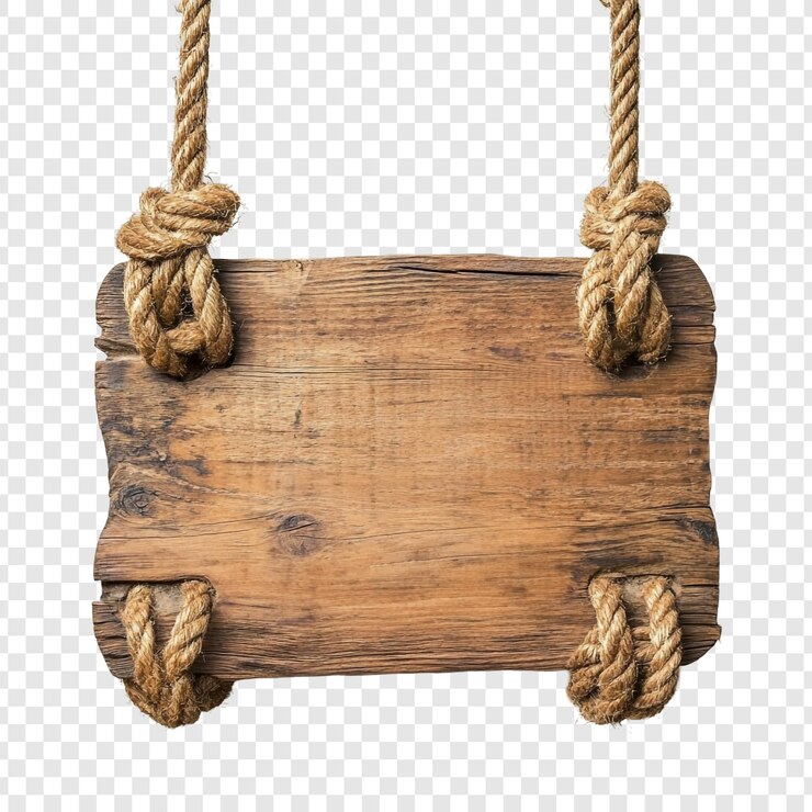 PSD signo de madera con cuerda y cuerda en un fondo transparente