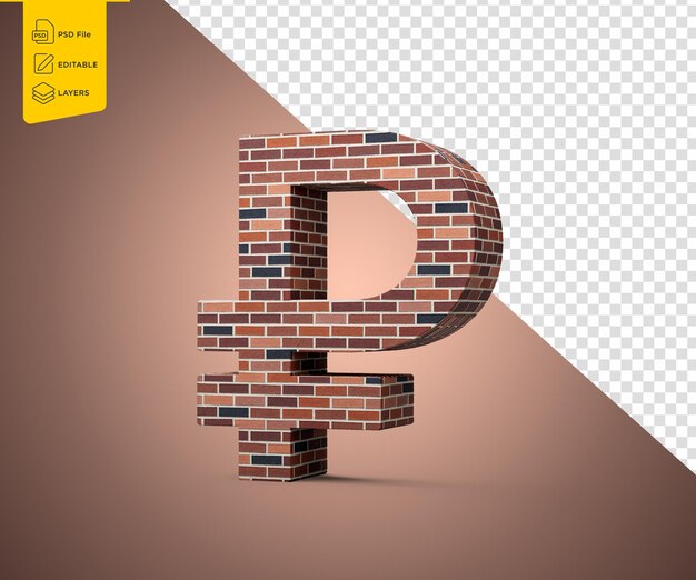 Signo de moneda de rublo hecho de ladrillos rojos con una pared como textura Ilustración 3D