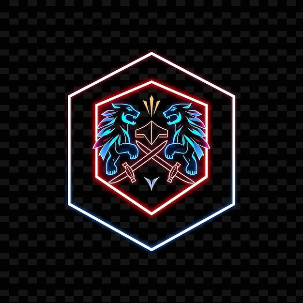 un signo de neón de un escudo con un escudo y flechas en él