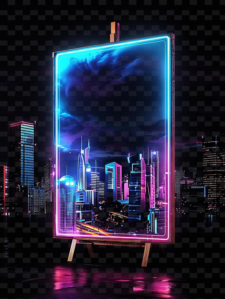 PSD signo del paisaje urbano futurista con un marco de tablero en forma de horizonte decoración de carteles creativos en forma de y2k