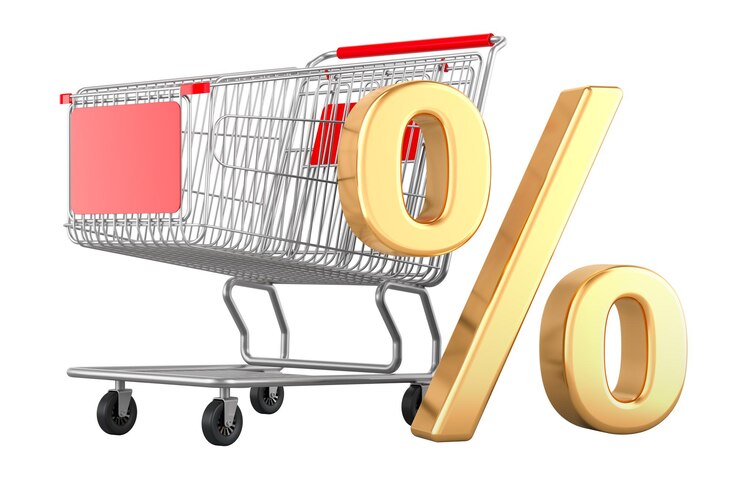 PSD signo de porcentaje con carrito de compras concepto de descuento rendering 3d aislado en fondo transparente
