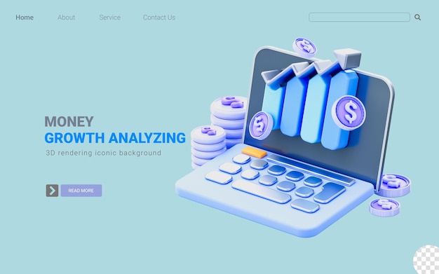 Signo de portátil con barra de gráfico de dólar concepto de renderizado 3d para el análisis del crecimiento del dinero