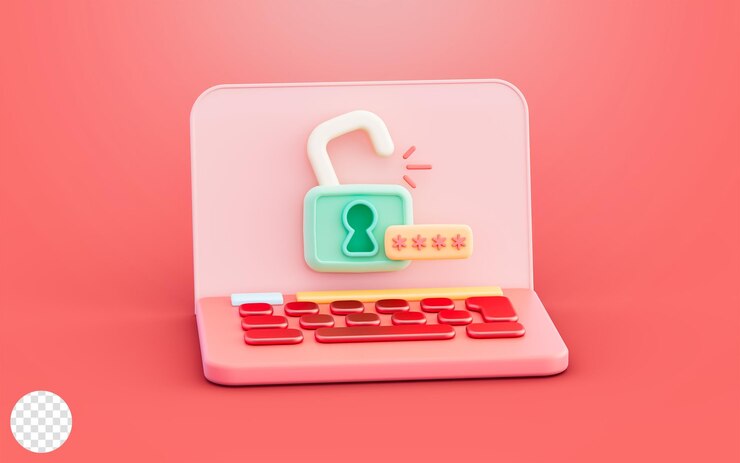 PSD signo de portátil con signo de contraseña de candado concepto de renderizado 3d para sistema de desbloqueo de computadora