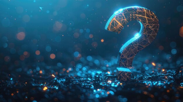 Un signo de pregunta brillante hecho de líneas brillantes en un fondo azul oscuro con luces bokeh