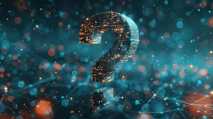 PSD un signo de pregunta brillante hecho de placas de circuitos y luces que representan un enigma o una pregunta compleja