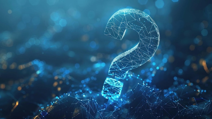 PSD un signo de pregunta digital brillante se encuentra encima de un fondo de textura azul que simboliza la investigación e incertidumbre