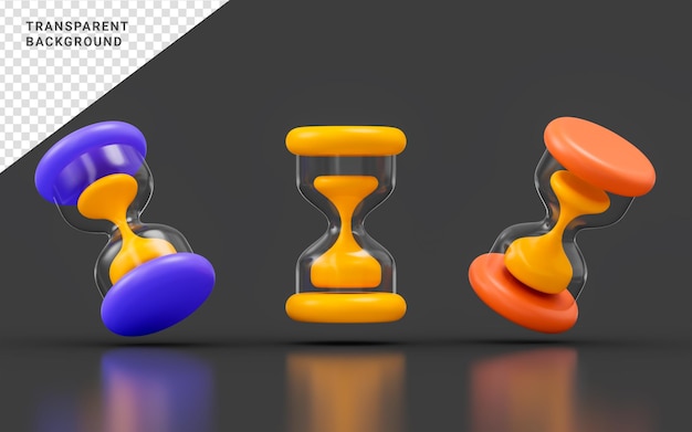 signo de reloj de arena púrpura amarillo naranja tres ángulo de visión concepto de renderizado 3d para reloj temporizador analógico