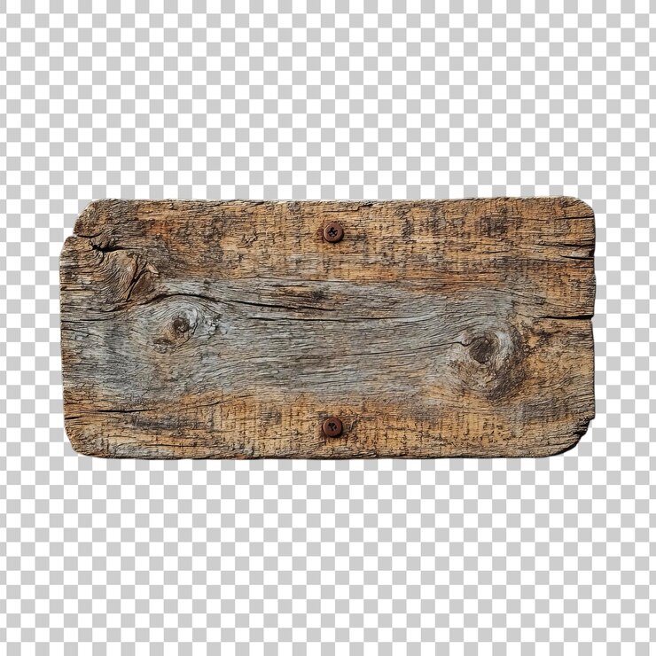 PSD signo de tabla de madera envejecida con nudos naturales en un fondo transparente