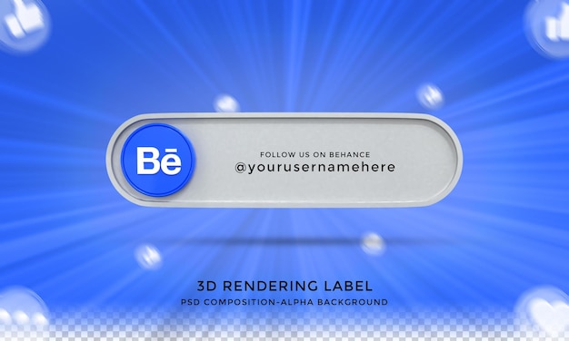 Sígueme en las redes sociales de Behance, tercio inferior, diseño 3d, icono de renderizado, insignia con marco