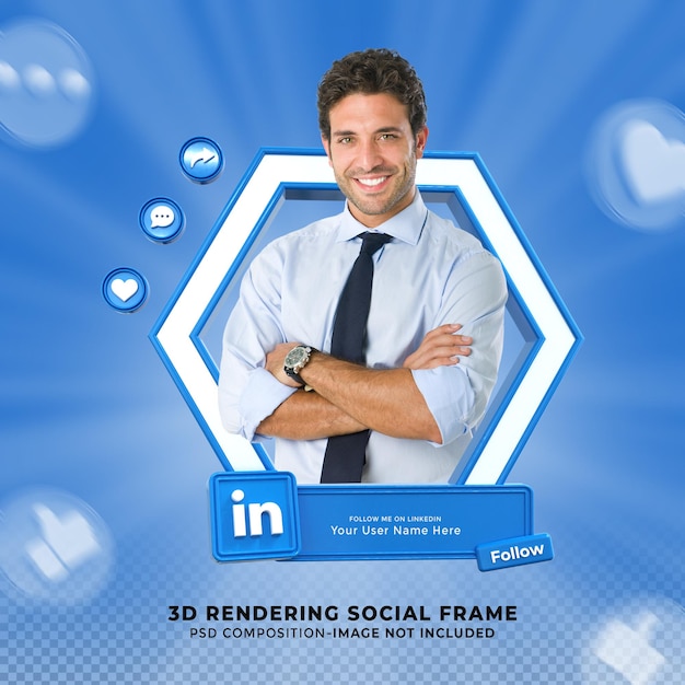 Sígueme en las redes sociales de linkedin, tercio inferior, diseño 3d, icono de renderizado, insignia con marco