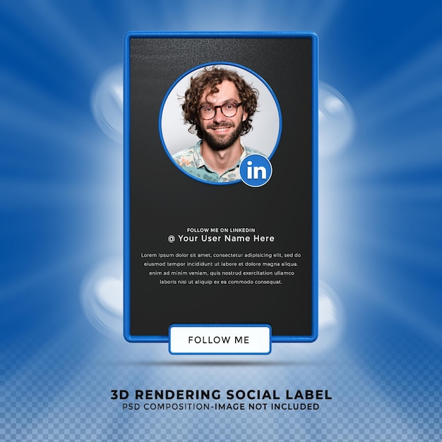 Sígueme en las redes sociales de linkedin, tercio inferior, diseño 3d, renderizado, icono de banner, perfil