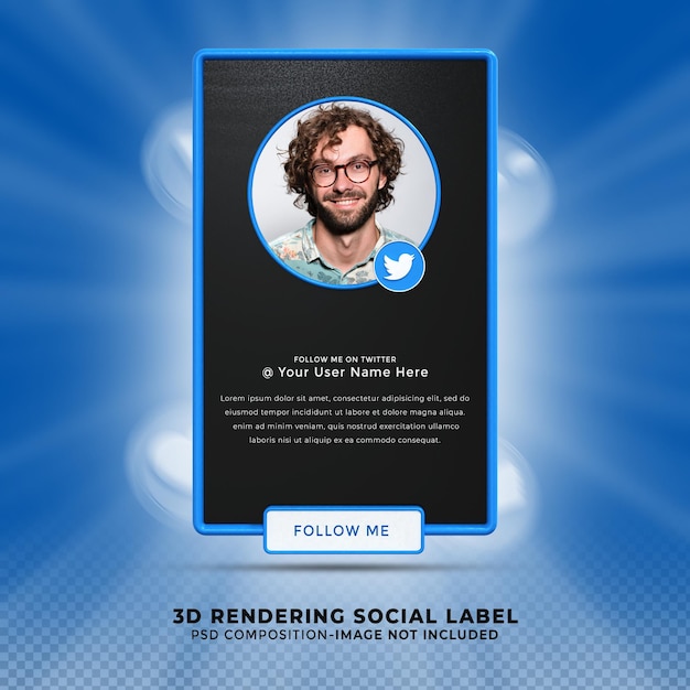 Sígueme en Twitter, redes sociales, tercio inferior, diseño 3d, renderizado, icono de banner, perfil
