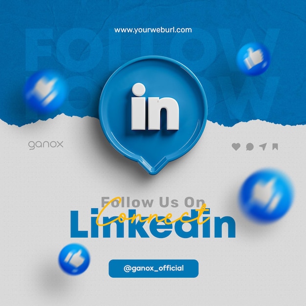 PSD síguenos en las redes sociales de linkedin para publicar el banner de renderización 3d