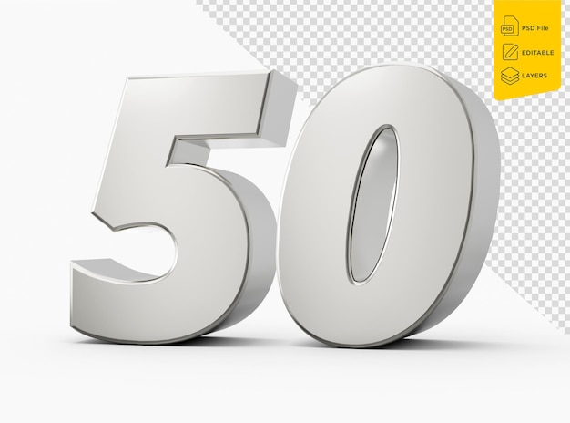 Silber 50 Fünfzig 3D-Zahl isoliert auf weißem Hintergrund 3D-Illustration
