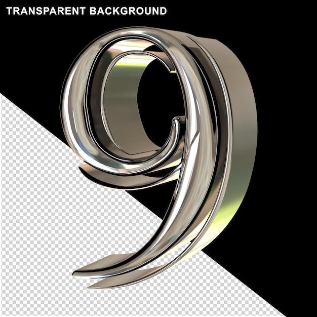 Silberne Zahlen rechte Seitenansicht. 3D-Nummer 9