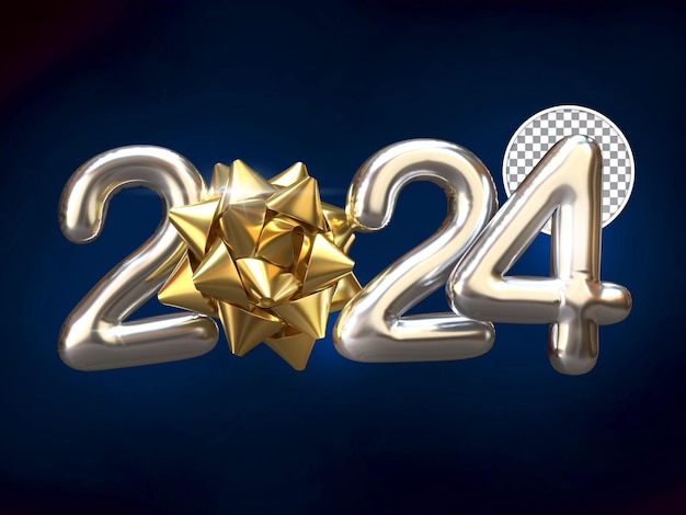 Silberner und goldener Ballontext zum neuen Jahr 2024 mit Wickelband, 3D-Render, isolierter Hintergrund