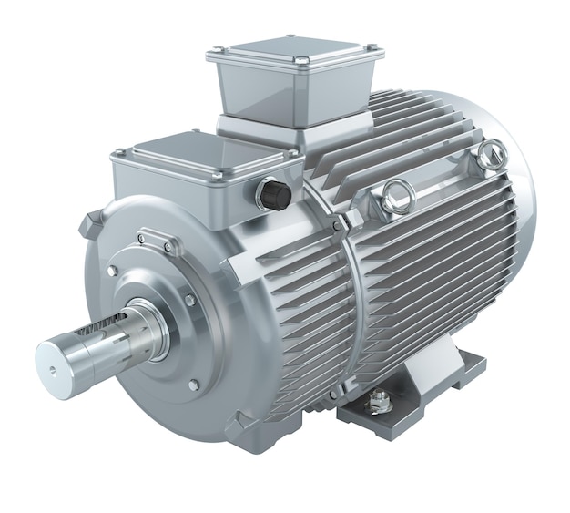 Silbernes 3D-Rendering eines industriellen Elektromotors, isoliert auf durchsichtigem Hintergrund