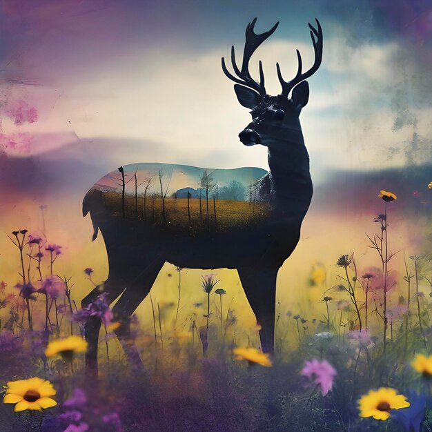 PSD silhouette de cerf avec un champ de fleurs sauvages