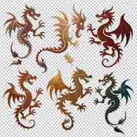 PSD silhouette d'une collection de dragons sur un fond transparent