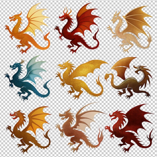 PSD silhouette d'une collection de dragons sur un fond transparent