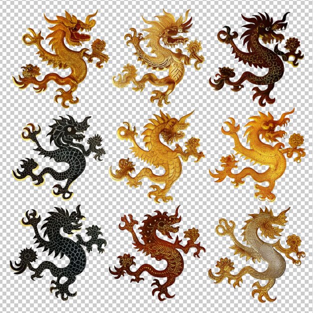 PSD silhouette d'une collection de dragons sur un fond transparent