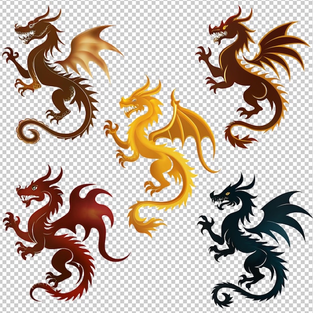 PSD silhouette d'une collection de dragons sur un fond transparent