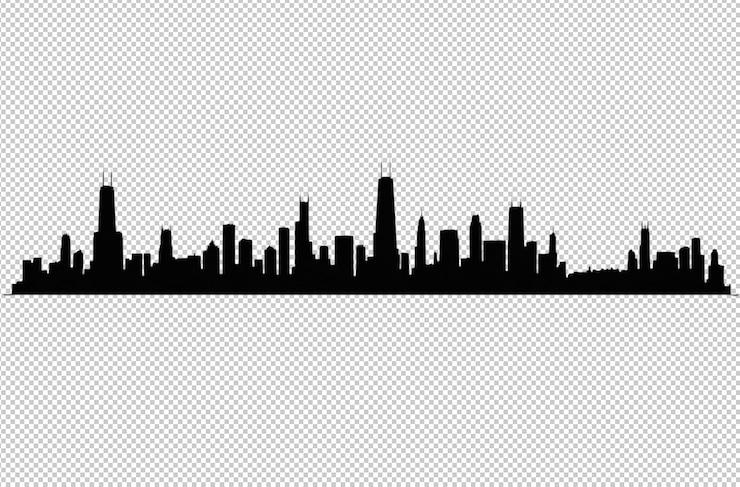 PSD silhouette dello skyline di chicago contro l'orizzonte