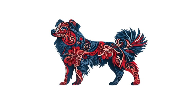 PSD silhouette di cane ornato disegno floreale rosso blu e bianco