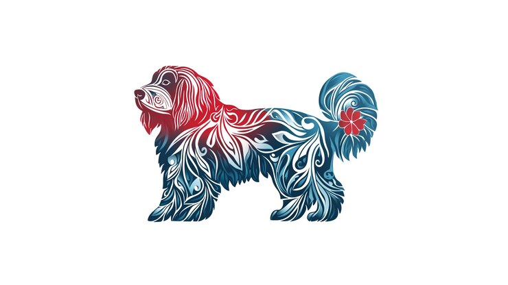 PSD silhouette di cane ornato disegno floreale rosso blu e bianco