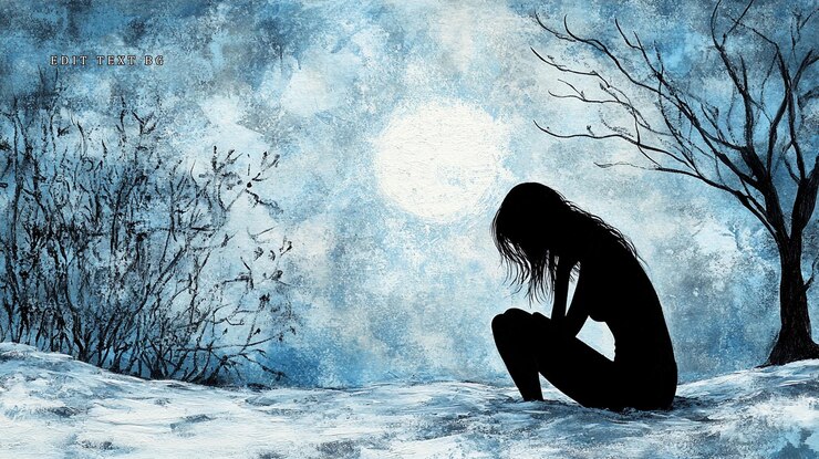 PSD silhouette di donna triste seduta da sola in un paesaggio innevato alla luce della luna