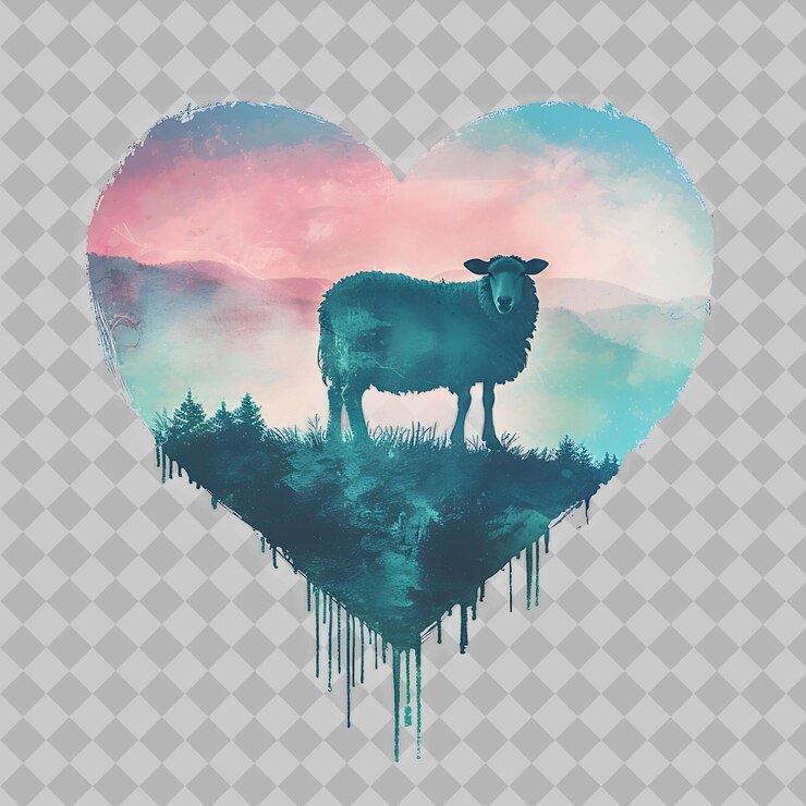 PSD silhouette di pecore a forma di cuore paesaggio pastorale pres png acquerello disegni animali