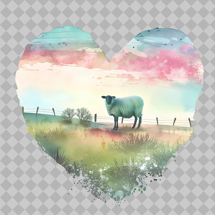 PSD silhouette di pecore a forma di cuore paesaggio pastorale pres png acquerello disegni animali