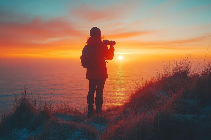 PSD silhouette di un fotografo che cattura uno splendido tramonto sopra l'oceano