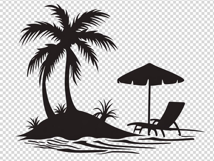 PSD silhouette di un'isola tropicale con una sedia da spiaggia e un ombrello