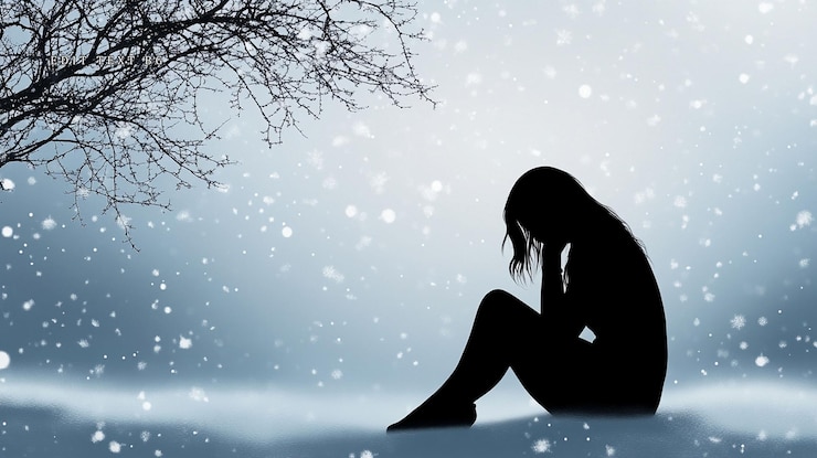 PSD silhouette di una donna seduta da sola nella neve con la testa tra le mani che esprime tristezza e disperazione durante una fredda giornata invernale