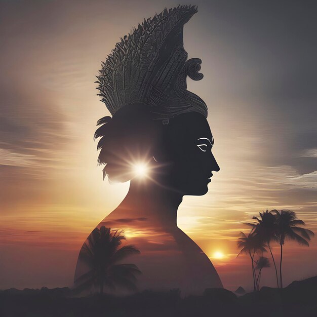 PSD la silhouette du dieu vishnu avec la côte au coucher du soleil arrière-plan