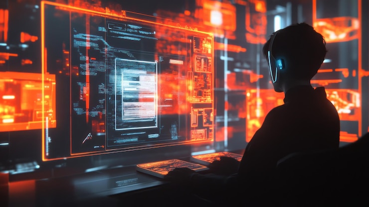 PSD silhouette einer person vor glühenden computerbildschirmen, die mit daten und codes gefüllt sind