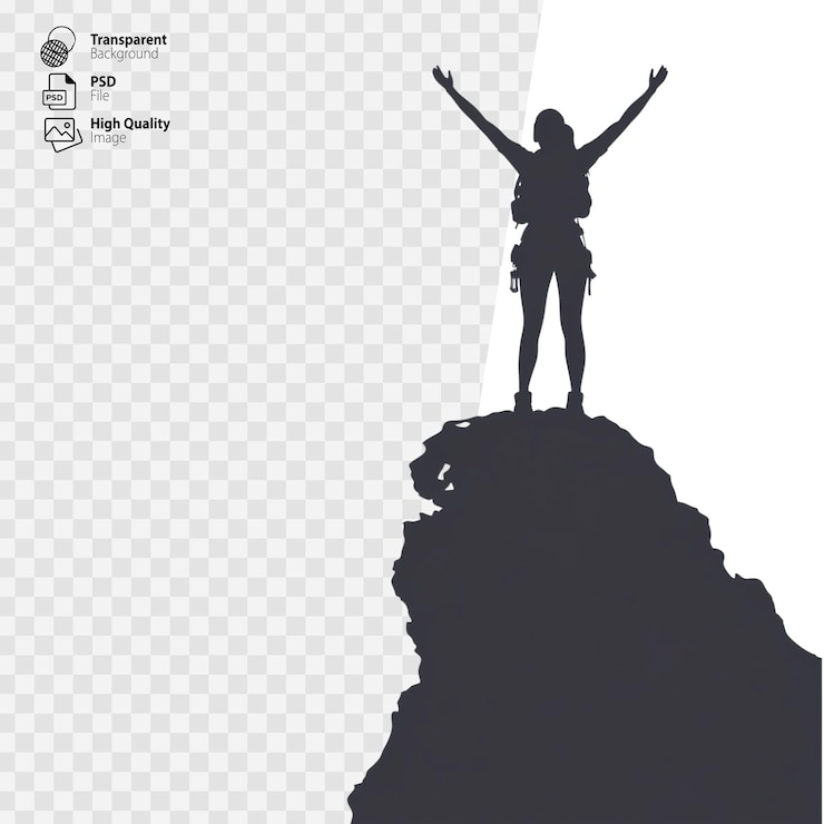 PSD silhouette einer siegreichen frau, die mit erhobenen armen auf einem transparenten hintergrund auf einer klippe steht