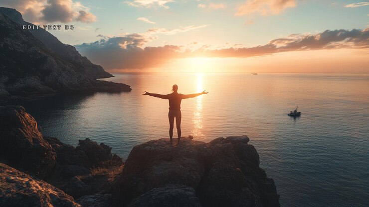 PSD silhouette eines mannes bei sonnenaufgang mit ausgestreckten armen mit blick auf den ozean
