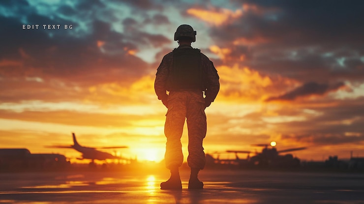 PSD silhouette eines soldaten, der den sonnenuntergang auf einem flugplatz mit einem flugzeug beobachtet