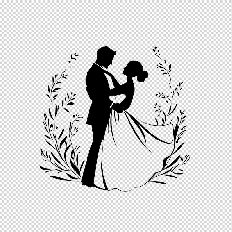 PSD une silhouette élégante de couple de mariés avec un cadre floral