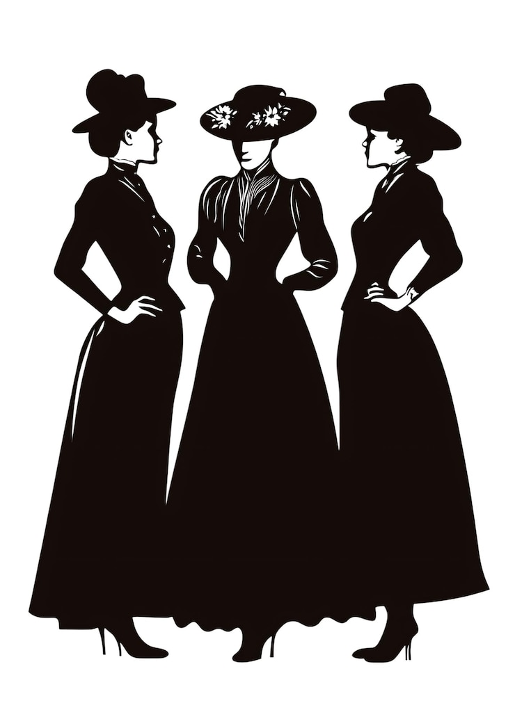 PSD silhouette eleganti di donne alla moda edwardiana d'epoca