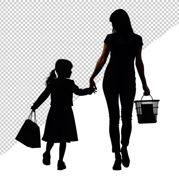 Silhouette D'une Femme Et D'un Enfant Tenant Des Sacs D'achat Sur Un Fond Transparent