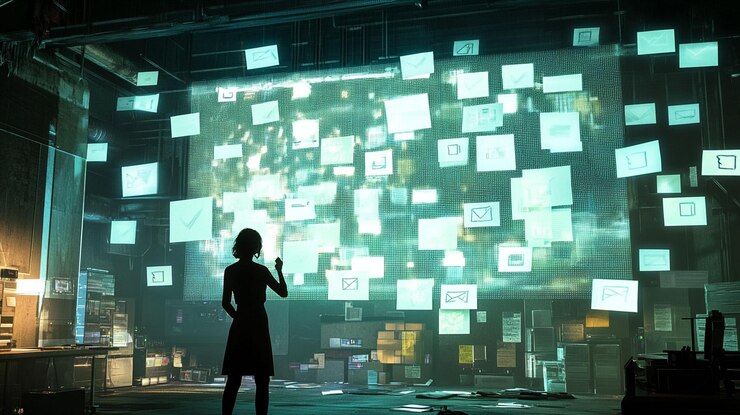 PSD une silhouette de femme sur un grand écran affichant de nombreuses notes et messages numériques dans un environnement industriel sombre
