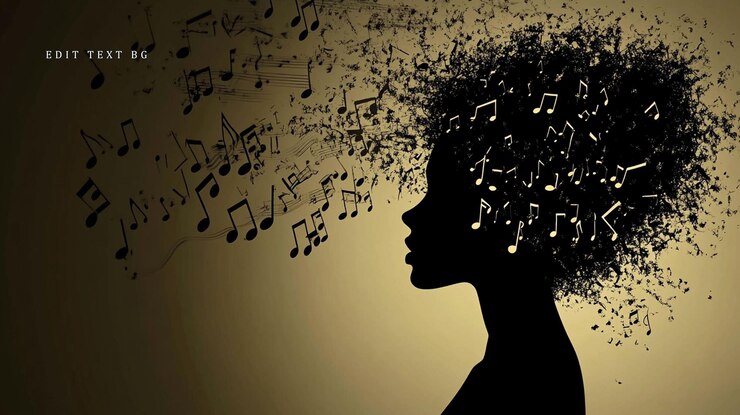 PSD silhouette de femme avec des notes musicales formant ses cheveux symbolisant la créativité et l'inspiration