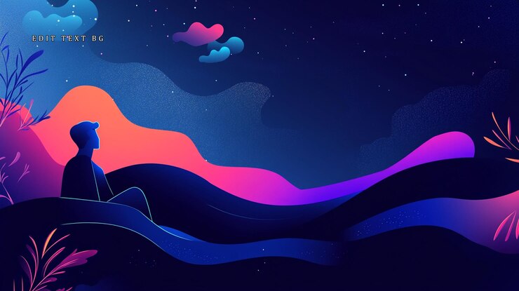 PSD silhouette d'un homme assis contemplant un paysage nocturne étoilé vibrant