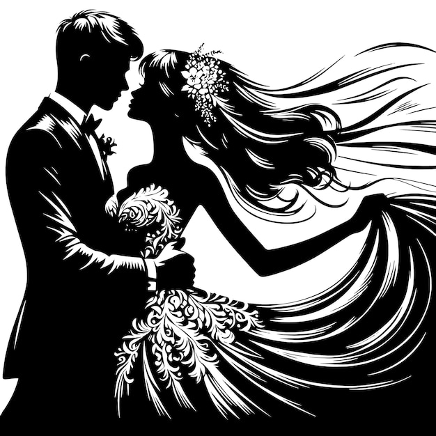 PSD silhouette en noir et blanc d'un couple de mariés debout ensemble d'une manière confiante