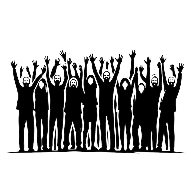 PSD silhouette en noir et blanc de gens bondés du monde entier levant les mains en position gagnante