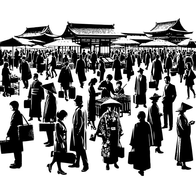 PSD silhouette en noir et blanc d'un groupe de personnes orientales et asiatiques se rencontrant au marché urbain