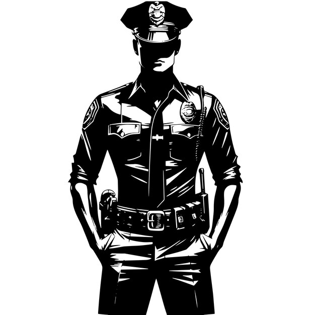 PSD silhouette en noir et blanc d'un policier intelligent